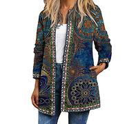 ORANDESIGNE Vestes Vintage Femme Style Ethnique Imprimé Floral Manteau Chic Boho Impression de Fleurs Cardigan avec Poche M Bleu M