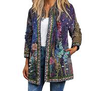 ORANDESIGNE Vestes Vintage Femme Style Ethnique Imprimé Floral Manteau Chic Boho Impression de Fleurs Cardigan avec Poche T Bleu L