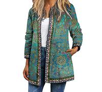 ORANDESIGNE Vestes Vintage Femme Style Ethnique Imprimé Floral Manteau Chic Boho Impression de Fleurs Cardigan avec Poche P Vert M
