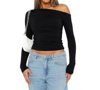 ORANDESIGNE Y2k Crop Top Epaules Dénudées Femme Tee Shirt Manches Longues Haut Court Dos Nu Sexy Chemisier Epaule Nue Slim Fit Décontractée Streetwear A Noir S