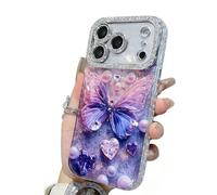 Orange Butterfly Glitter Clear Phone Case for iPhone 17/16/15/14/13 Pro Max, Anti-Drop Full Protection Phone Case with Lens Film (Grape,17pro)