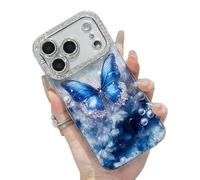 Orange Butterfly Glitter Clear Phone Case for iPhone 17/16/15/14/13 Pro Max, Anti-Drop Full Protection Phone Case with Lens Film (Blue,15)