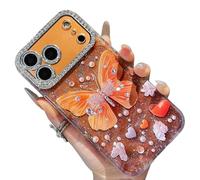 Orange Butterfly Glitter Clear Phone Case for iPhone 17/16/15/14/13 Pro Max, Anti-Drop Full Protection Phone Case with Lens Film (Orange,16pro)