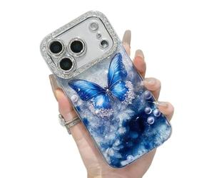 Orange Butterfly Glitter Clear Phone Case for iPhone 17/16/15/14/13 Pro Max, Anti-Drop Full Protection Phone Case with Lens Film (Blue,15promax)
