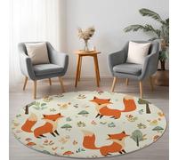 Orange Crème Tapis Rond Lavable Pas Facile à Décolorer, Animaux Renard Champignons Sol à Poils Courts pour Salon Chambre, ø 160 cm Ras Antidérapant et Résistant Flanelle Moquette Rond