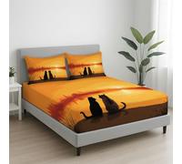 Orange Drap-Housse, 90 x 190 cm cm,Microfibre Coins Élastiqués Drap de lit pour Matelas Épais jusqu'à 30 cm, Lac de rêve Chats Noirs Art Doux Respirant Drap de lit