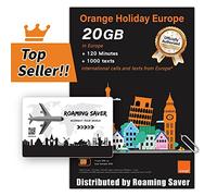 Orange Holiday Europe Carte SIM prépayée Combo Deal 20 Go de données Internet en 4G/LTE + 120 Min d'appels internationaux + 1000 SMS d'europe vers Le Monde Entier + 1 Support de Carte SIM + 1 Broche