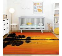 Orange Jaune Noir Rêveur Illustration Tapis Lavable Machine Salon, Coucher De Soleil Arbres Herbe Oiseaux Antidérapant Poil Ras Tapis, pour Salle a Manger Bureau Cuisine, 160 x 230 cm