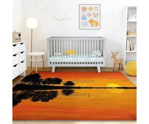 Orange Jaune Noir Rêveur Illustration Tapis Lavable Machine Salon, Coucher De Soleil Arbres Herbe Oiseaux Antidérapant Poil Ras Tapis, pour Salle a Manger Bureau Cuisine, 60 x 110 cm