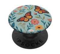 Orange Monarch Butterfly Flowers Teal Blue Butterfly Floral PopSockets PopGrip Adhésif