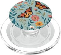 Orange Monarch Butterfly Flowers Teal Blue Butterfly Floral PopSockets PopGrip pour MagSafe