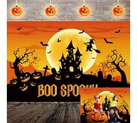 Orange Nuit Lune Toile de Fond Halloween Maison Hantée Fête Fond Chauve-Souris Château Diable Citrouille Décoration Bannière Sorcière Cimetière Photo Booth Props 2,1 x 1,5 m