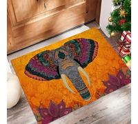Orange Paillasson Attrape-Poussière, Tête D'Éléphant Mandala Tapis de Sol Antidérapant Lavable en Machine, Mystère Géométrique Absorbantes pour Entrée Porte et Couloir -