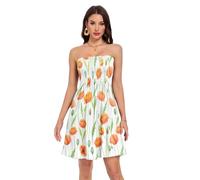 Orange Poppy Flowers Green White Robe bustier pour femme Robe d'été décontractée A Line Modal Blend Ruching, Fleurs de coquelicot orange vert blanc, Taille L