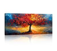 Orange Rouge Arbre De Vie Grand Tableau Decoration Murale Avec Bois,Abstrait Montagne Coucher de Soleil Impression Sur Toile Arbre de Vie Toile Peinture Maison Décoration pour Salon Cuisine 50X120cm
