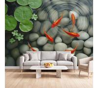Orange Rouge Poisson Rouge Eau Cailloux Papier Peint Panoramique Photo | Style Chinois Nature Écologie Intissé 350 x 256 cm Papier Peint Mural pour Chambre Salon TV Fond Cuisines