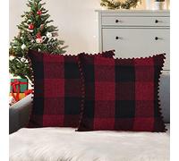 ORANIFUL Housse de Coussin Carreaux Pompon 40 x 40 Lot de 2 Carré Decoratif Lin Taie Oreiller pour Canapé Chambre Salon Divan (Bordeaux & Noir)