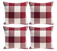 ORANIFUL Housse de Coussin Noël Carreaux 50x50 Lot de 4 Carré Decoratif Lin Taie Oreiller pour Canapé Chambre Salon Divan (Rouge & Blanc)