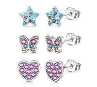 ORAZIO 3 Pairs Petites Boucle d'oreille Enfant Fille En Argent 925 Étoiles Coeur Papillon Boucles D’oreilles Hypoallergéniques Multicolores Zircone Cubique Boucles d'oreilles Enfant Ensemble