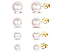 ORAZIO 4 Paires Boucle d'Oreille Perle Argent Sterling 925 Perles Rondes Hypoallergéniques 6-9 mm Tailles Mixtes Ensemble Boucles d'Oreilles Perle Blanche Pour Filles Femme