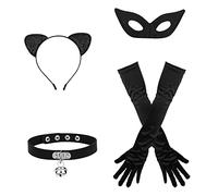 ORAZIO Accessoires Vestimentaires pour Femmes, Masque en Cuir Noir pour Les Yeux, Bandeau Oreilles de Chat, Collier ras du cou Avec Cloche, Longs Gants, Set de Déguisement pour Enfants pour Halloween