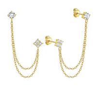 ORAZIO Boucles d'Oreilles Chaîne Double Piercing pour Femmes et Filles, Argent S925 Avec Chaîne Pendante CZ Etincelants, Plaqué or 18 Carats Minimalistes