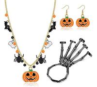 ORAZIO Lot de 3 Bijoux d'Halloween Pour Femme Adolescente Collier Pendentif Citrouille Crâne Fantôme d'Halloween Boucles d'Oreilles Citrouille Bracelets d'Halloween Stretch Skeleton Hands pour Hommes
