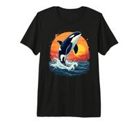Orca sautant Coucher de Soleil Baleine océan Splash Art T-Shirt Haut de Gamme
