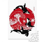 Orcas in The Great Wave Puzzle Adulte 1000 Pièces, 38x26cm/1000pcs, Moment Tranquille Autour De La Table; Pièces en Carton Blanc Au Fini Lisse