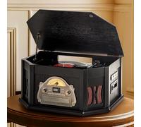 ORCC Tourne-disque vintage 10 en 1, avec carte cadeau, platine vinyle pour 33/45/78 tr/min, lecteur CD/USB/SD, Bluetooth et télécommande, radio FM/AM pour les amateurs de musique, noir
