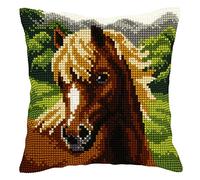 Orchidea Cross Stitch Cushion Kit de Point de Croix pour Coussin, Cheval Marron, 40 x 40 cm