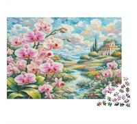 Orchidée Carton Orchidées Roses au Bord d’Un ruisseau et d’Une Villa Puzzle Classique pour Adultes Cadeau Puzzle Relaxant 52x38cm/1000 pièces