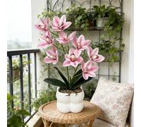 Orchidée cymbidium rose artificielle avec 9 fleurs dans un pot en céramique blanche, 35 cm de haut, décoration florale synthétique pour table, bureau ou étagère à la maison ou au bureau