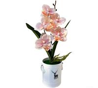 Orchidée phalaenopsis artificielle avec cinq fleurs réalistes et pot de fleurs à motif de cerf, fleurs artificielles élégantes pour maison, hôtel, restaurant, décoration de table, étagère, (jaune