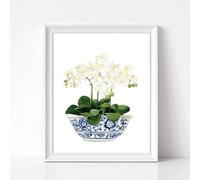 ORCOW Affiches d'art Mural orchidée Blanche Magnolia Aquarelle Chinoiserie décor Toile Impression Vase Oriental Bleu Blanc Saule Style Pot de Fleurs en Porcelaine Affiches et Impressions 50 x 70 cm