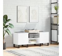 Ordellia Armoire à disques blanche en bois et fer - 121 x 38 x 48 cm - Rangement multimédia - Meuble TV bas - Buffet HiFi - Salon pour disque vinyle, récepteur, console et ordre