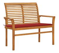 Ordellia Banc de jardin en teck massif de 112 cm avec coussin rouge, résistant aux intempéries, avec dossier et accoudoirs, idéal pour terrasse, balcon, jardin et extérieur pour une pause relaxante