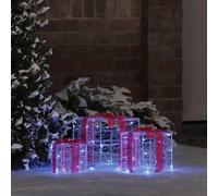Ordellia Boîte cadeau bleue en acrylique avec 60 LED, lot de 3, 20 x 20 x 20 cm, bande LED, télécommande, USB pour décoration de sapin de Noël, décoration de Noël, intérieur et extérieur protégé