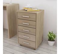 Ordellia Caisson à tiroir de Bureau avec roulettes 5 tiroirs chêne, Armoire casier Meuble Rangement en Bois MDF, poignées Aluminium, 33 x 38 x 63 cm, pour Bureau Chambre Salon et Atelier