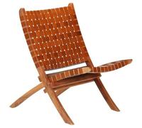 Ordellia Chaise de relaxation pliable avec bandes croisées, cuir véritable marron, structure en bois d'acacia, pliable pour salon, balcon, terrasse, invités et camping