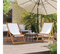 Ordellia Chaises de Plage Pliables Lot de 2 Blanc crème, Bois d’Eucalyptus Massif, Tissu Polyester Respirant 230 g/m², 3 Positions inclinables, Jardin terrasse Balcon Piscine Camping