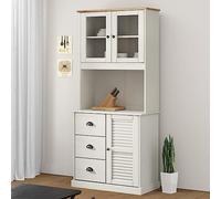 Ordellia Dessus de Commode Vigo Blanc 78 x 30 x 100 cm Bois Massif de pin avec Portes en Verre, étagères et Boutons métal pour Buffet, vaisselier, Rangement Salon Cuisine entrée