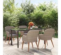 Ordellia Ensemble à Manger de Jardin 5 pcs Bois d’Acacia et Verre trempé, Table 160x80 cm avec 4 chaises résine tressée, Coussins Amovibles pour terrasse Patio détente