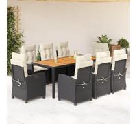 Ordellia Ensemble à Manger de Jardin 9 pièces en résine tressée Noire avec Coussins crème, Table en Bois d’Acacia, 6 chaises inclinables, 2 fauteuils Repos Pieds, pour terrasse Patio extérieur