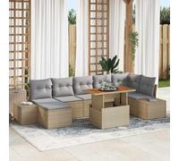 Ordellia Ensemble canapé Jardin modulable 8 pièces Beige et Gris en Poly Rattan et Bois d’Acacia Massif, Coussins, Pieds réglables, Rangement, terrasse Balcon Patio