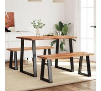 Ordellia Ensemble de 3 pièces en bois d'acacia massif avec bord d'arbre avec table et banc, pieds en acier revêtu par pulvérisation noir pour salle à manger, cuisine, salle à manger