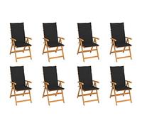 Ordellia Ensemble de 8 chaises inclinables en Teck Massif avec Coussins Noirs, 7 Positions, dossiers réglables, Pliables pour Jardin terrasse Balcon, Confort détente en extérieur