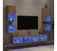 Ordellia Ensemble de 8 pièces - Meuble TV moderne en bois de chêne Sonoma - Avec éclairage LED RVB - Centre de divertissement polyvalent pour salon et chambre à coucher - Montage mural