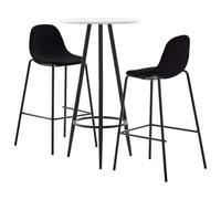 Ordellia Ensemble de bar 3 pièces en tissu noir avec table de bar et 2 chaises de bar, plateau en MDF, cadre en acier, dossier ergonomique, repose-pieds, pour cuisine, salle à manger, jardin et