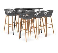 Ordellia Ensemble de bar 7 pièces noir et gris avec table de bar 120 x 60 x 105 cm et 6 tabourets de bar, plateau en MDF, cadre en métal, dossier en filet, pour cuisine, terrasse et jardin